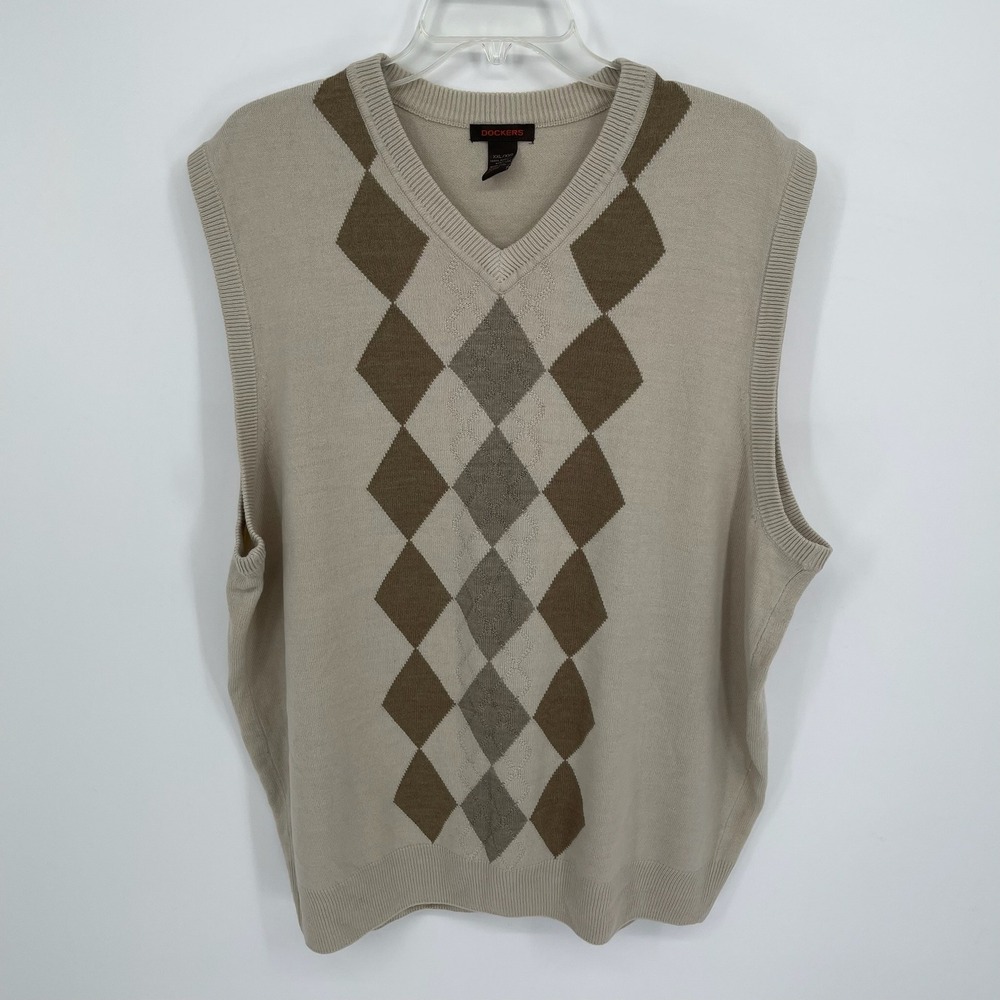 Dockers Men's Beige Argyle V-Neck Pullover Preppy Golf Sweater Vest Size XXL 2XL